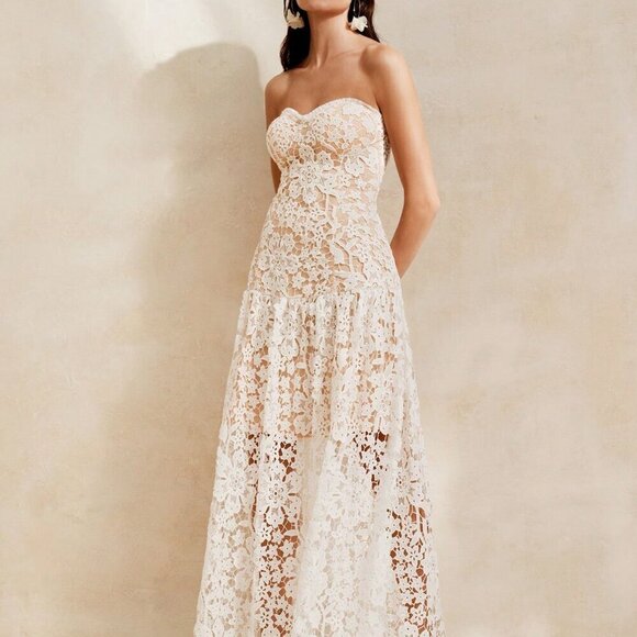 White Elegant Women's Heavy-Embroidered Lace Strapless Romantic Floral Dress - Picture 7 of 7